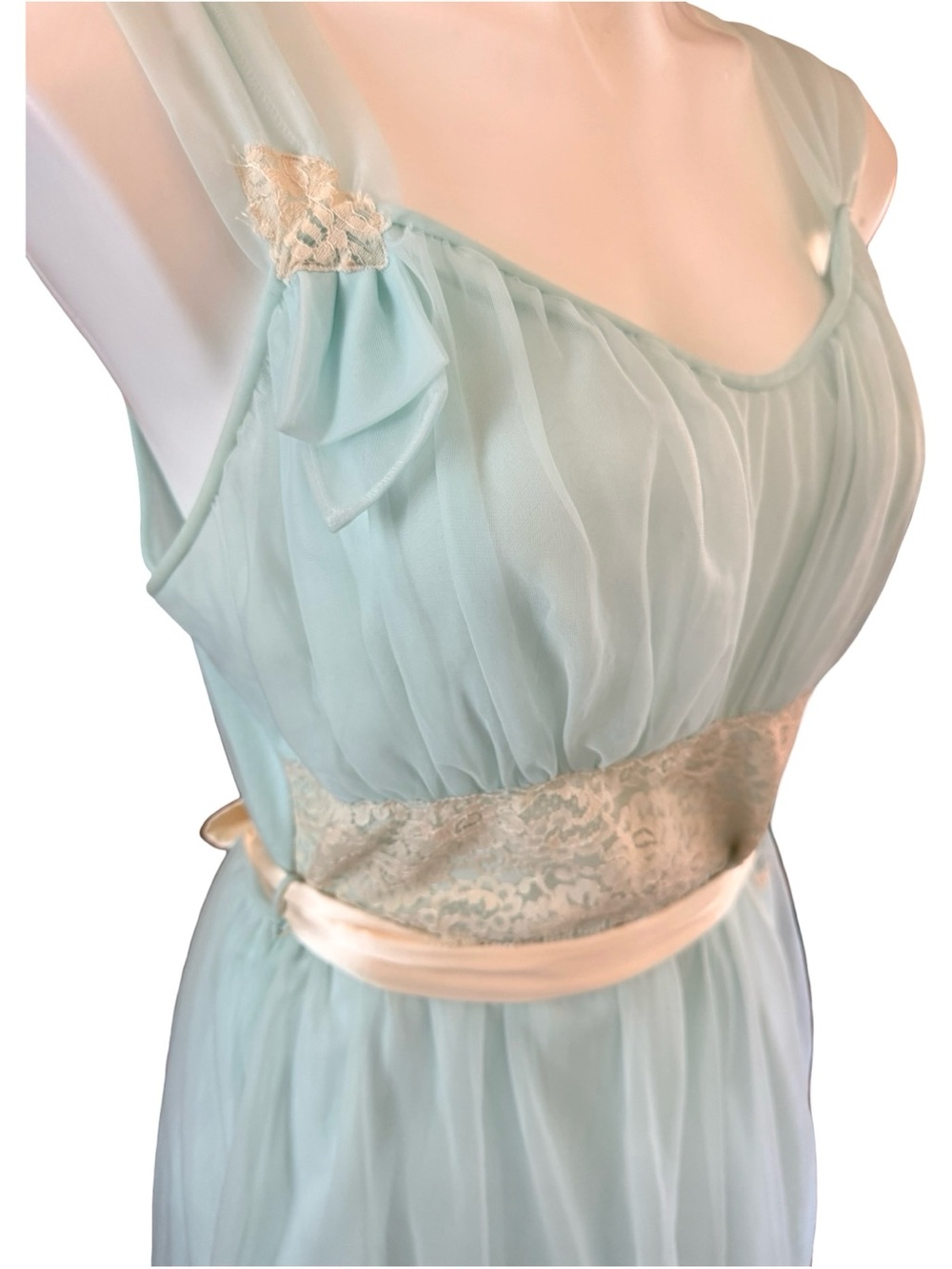 Miss Elaine Vintage Mint Blue Chiffon Lace Nightgown Medium 1960s Babydoll - Picture 3 of 12